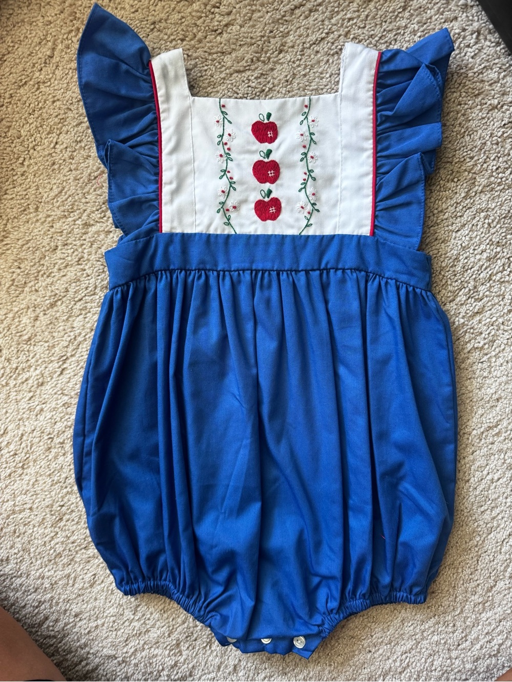 Classic Blue Girls' Apple Embroidered Bubble Romper